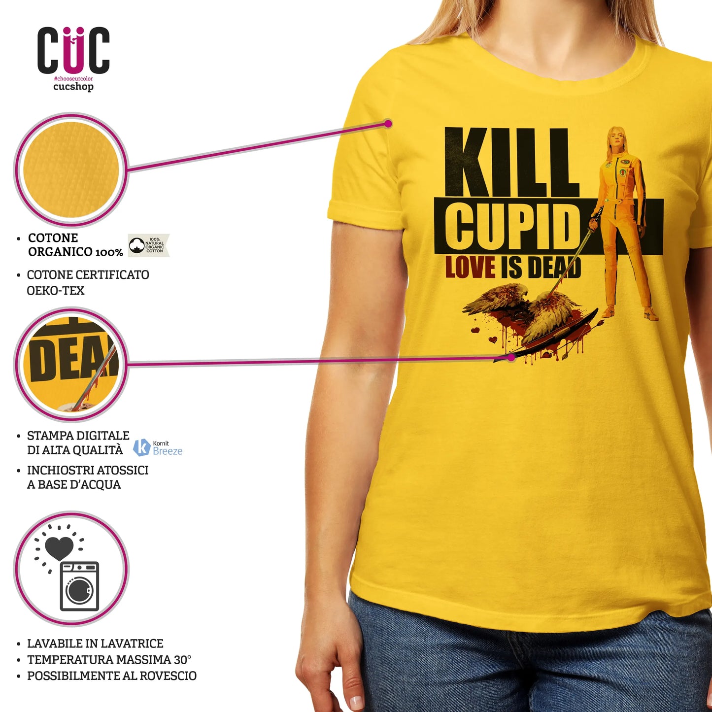 CUC T-SHIRT Kill Cupid - FILM - SAN VALENTINO - Love is Dead - Parodia - Kill Bill - Tarantino - #chooseurcolor