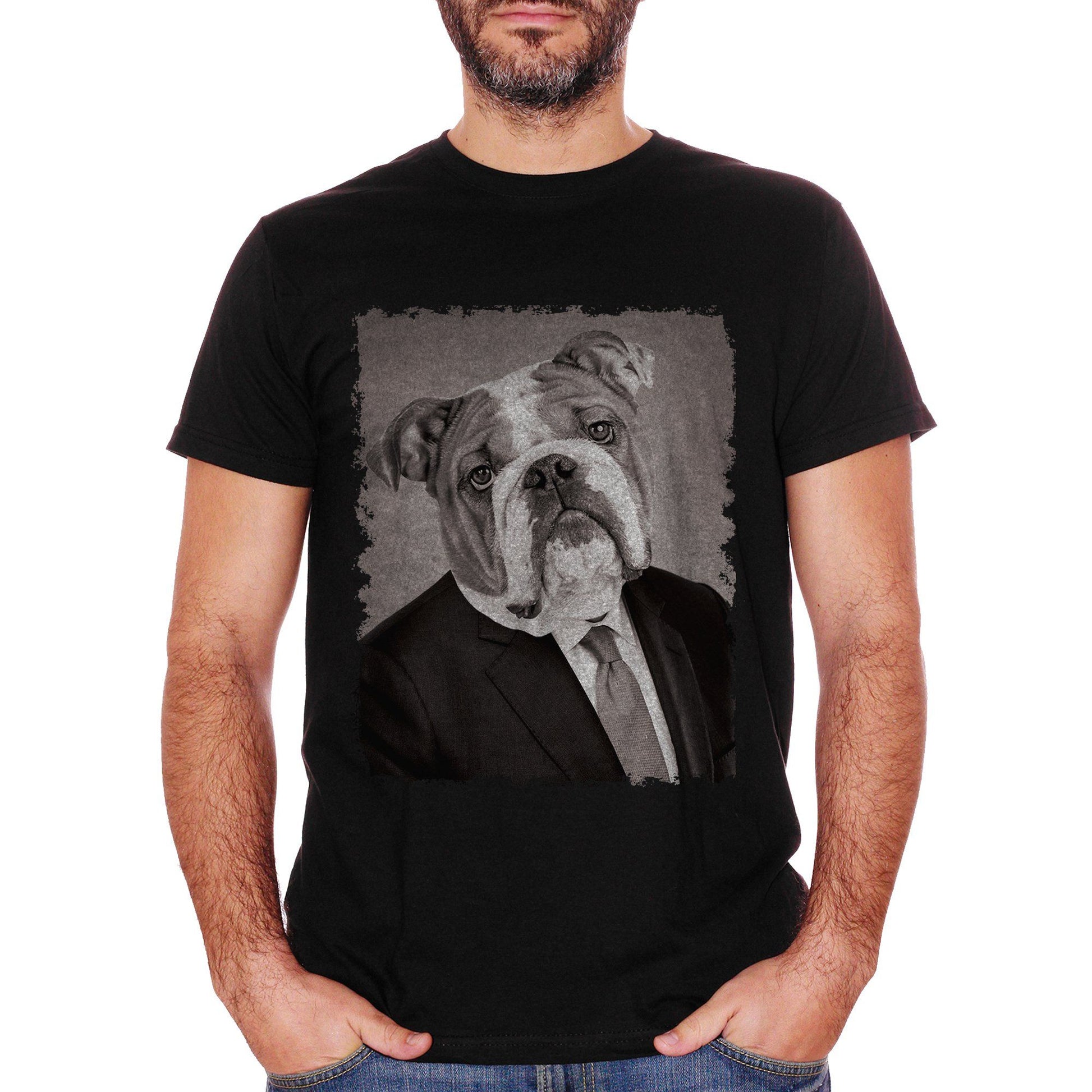 White T-Shirt Bulldog Cane Pet Funny Business Elegant Photo Antico Ritratto - SOCIAL CucShop