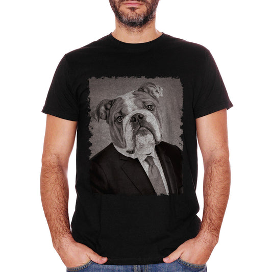 White T-Shirt Bulldog Cane Pet Funny Business Elegant Photo Antico Ritratto - SOCIAL CucShop