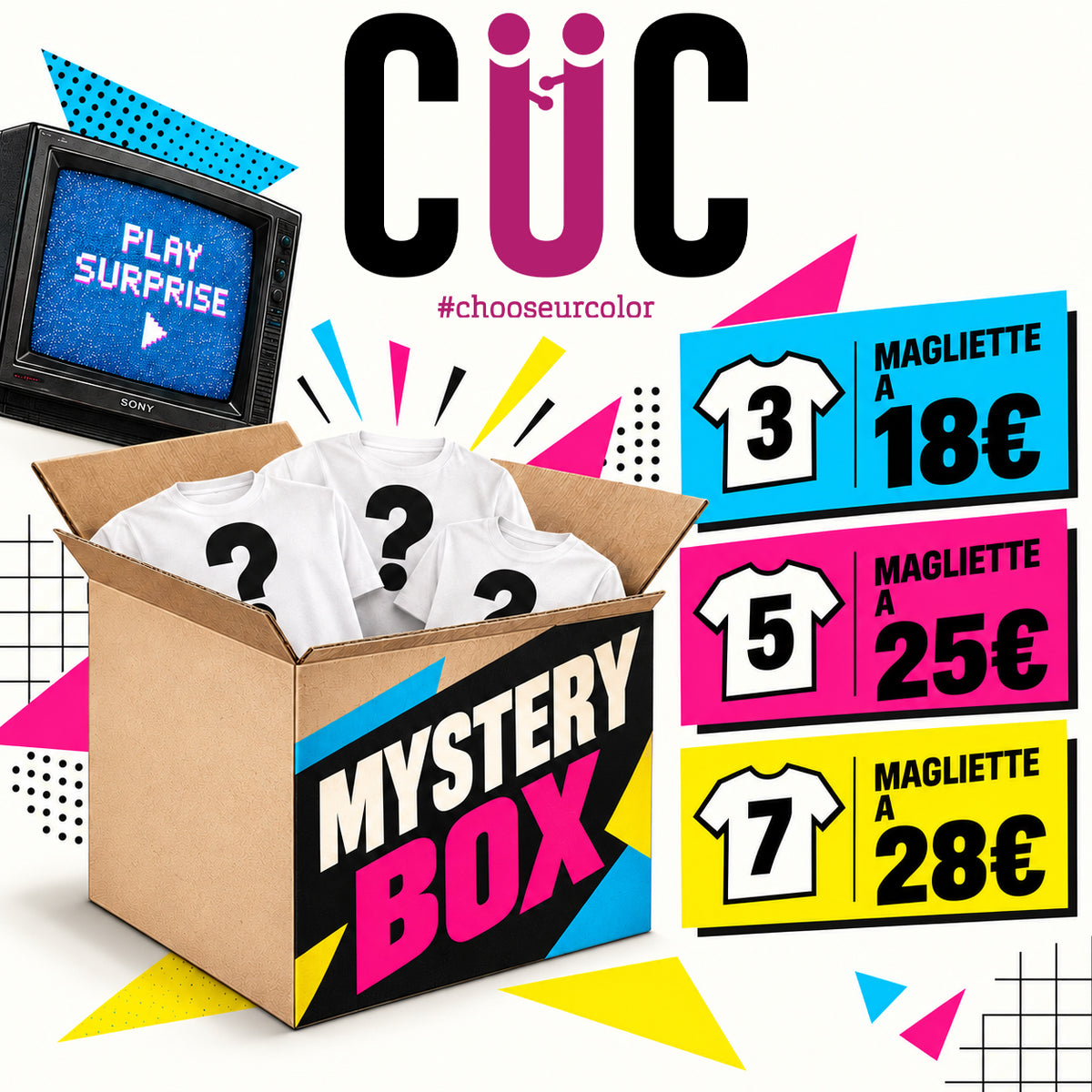 CUC Mystery Box: 3 magliette a 18 €, 5 magliette a 25 €, 7 magliette a 28 €.