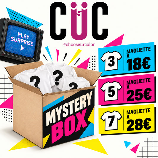 CUC Mystery Box: 3 magliette a 18 €, 5 magliette a 25 €, 7 magliette a 28 €.