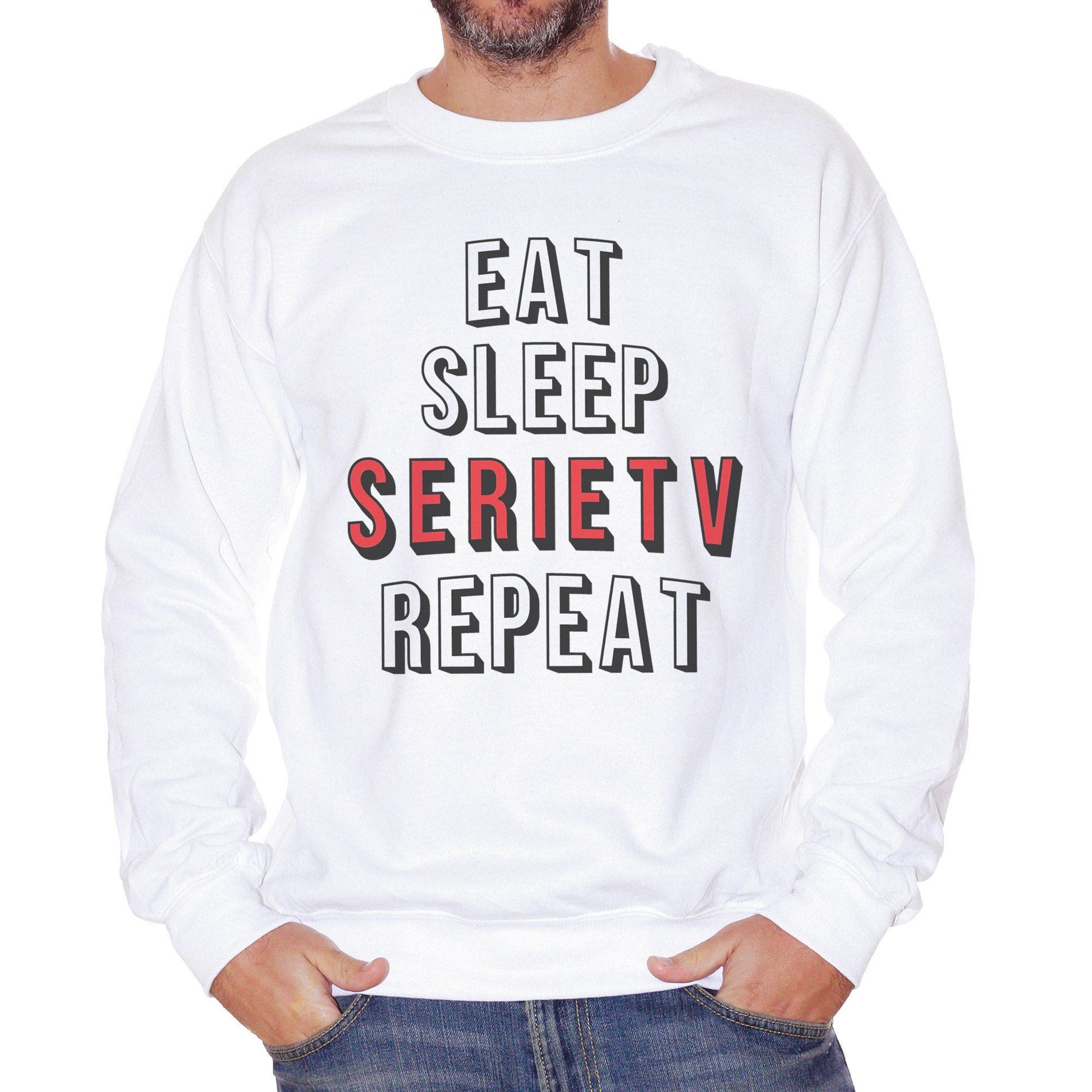 White Smoke Felpa Girocollo Eat Sleep Repeat Serie Tv Telefilm Hobby - FILM CucShop