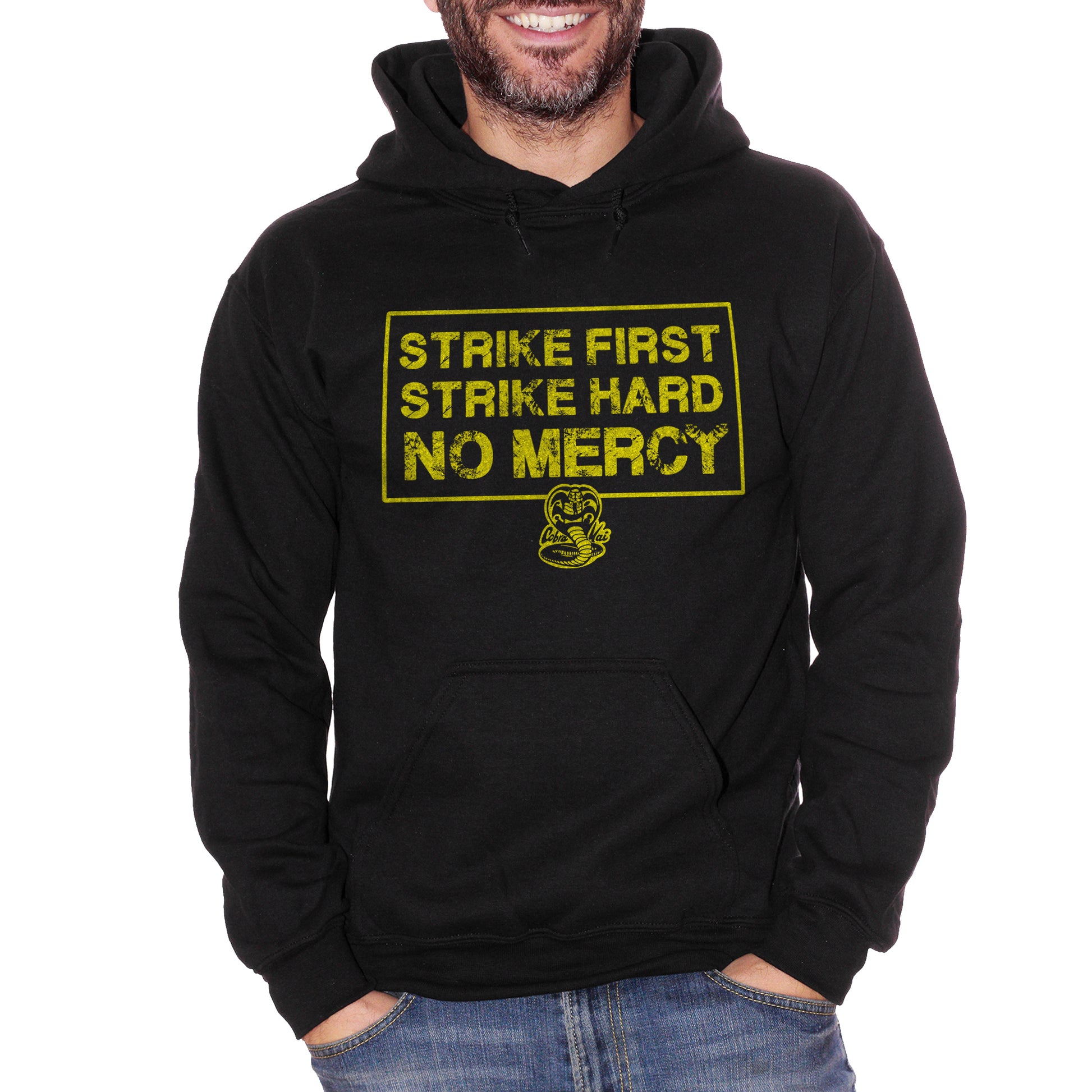 Black Felpa Cappuccio Strike First Strike Hard Cobra Kai Karate Dojo Serie TV - Film Anni 80 - Movie Choose ur Color CucShop