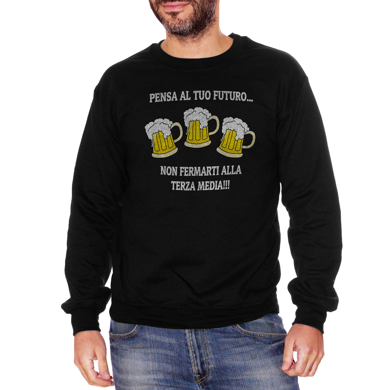 Black Felpa Girocollo Terza Media Birra Frasi Divertenti Bevute - Funny Choose ur Color CucShop