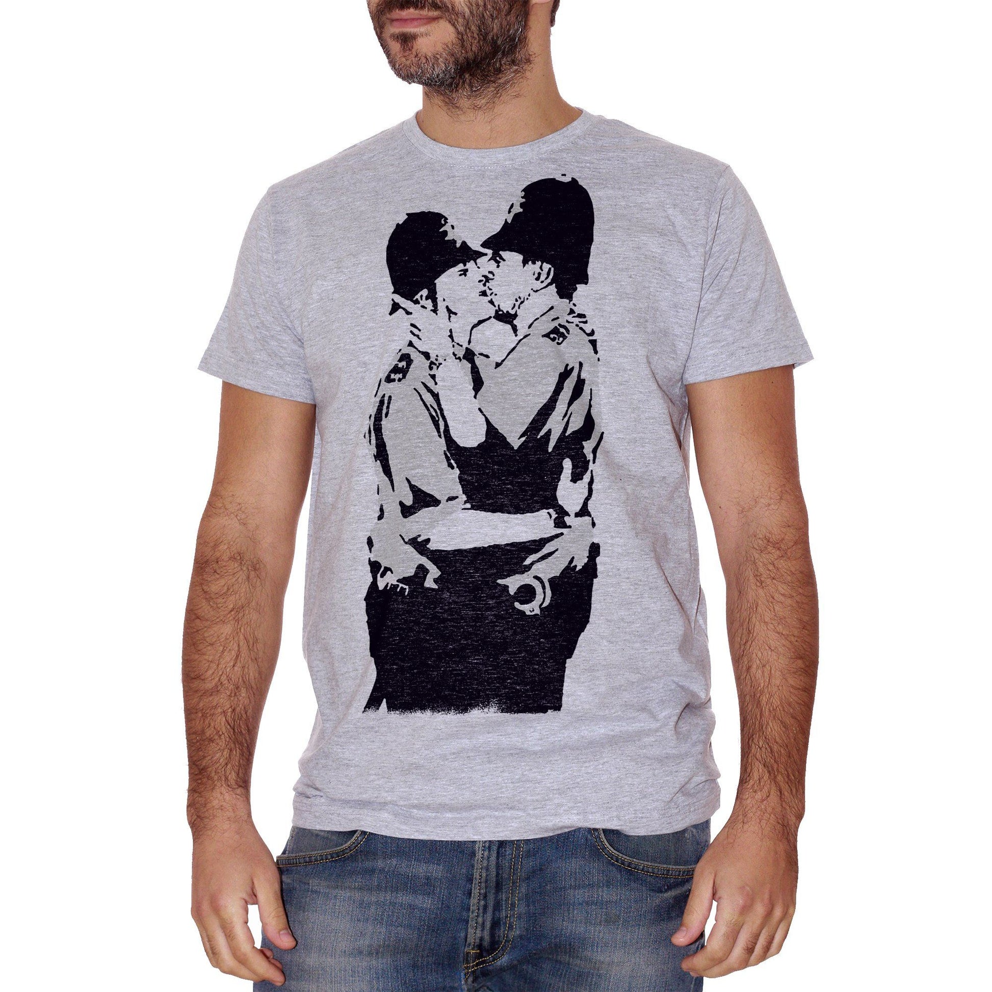 Gray T-Shirt Banksy Poliziotti Bacio - POLITICA Choose ur color CucShop